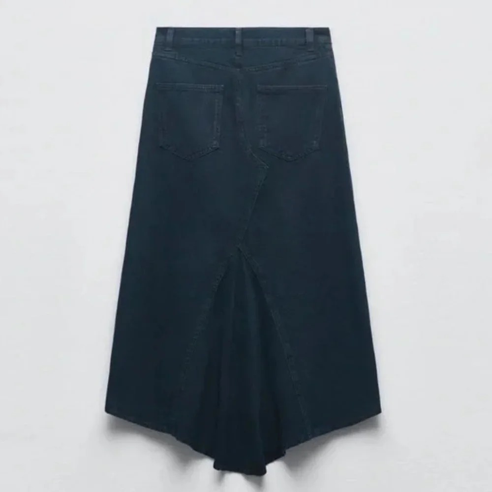 NEW ZARA High-Rise Five-Pocket Denim Midi Fishtail Skirt Dark Navy Small - Picture 3 of 9